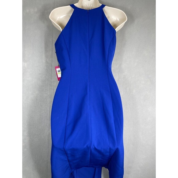 Vince Camuto Women's Size 4 Halter Neck Laguna Crepe Body Con Dress Blue Ruffle - Picture 7 of 13